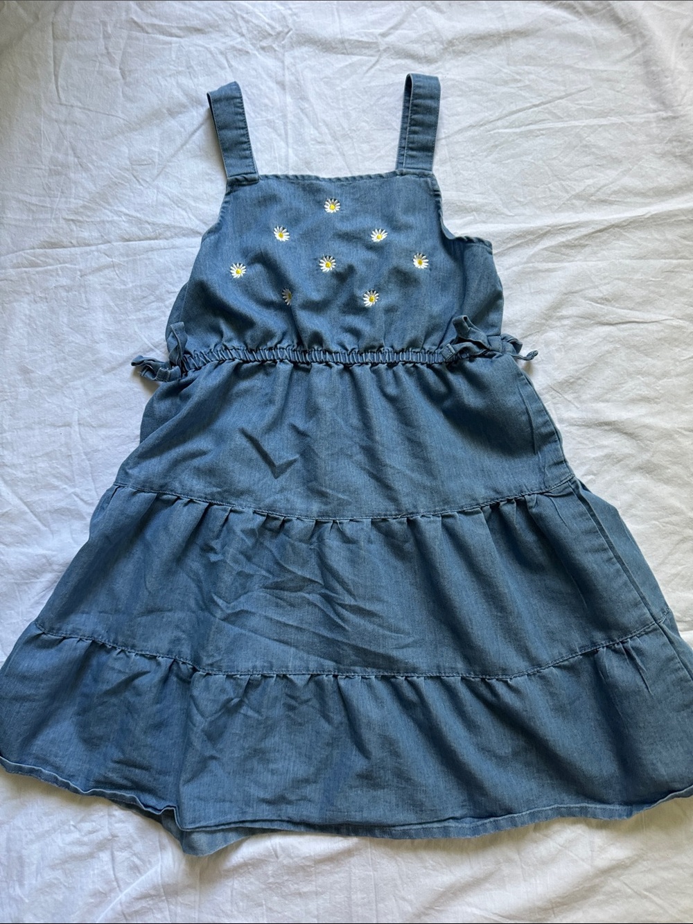 Girls Denim Blue Daisy Embroidered Sundress
